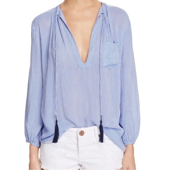 Faithful the Brand Alice Blue & White Bohemian Striped Tassel Blouse Size M - Picture 1 of 11